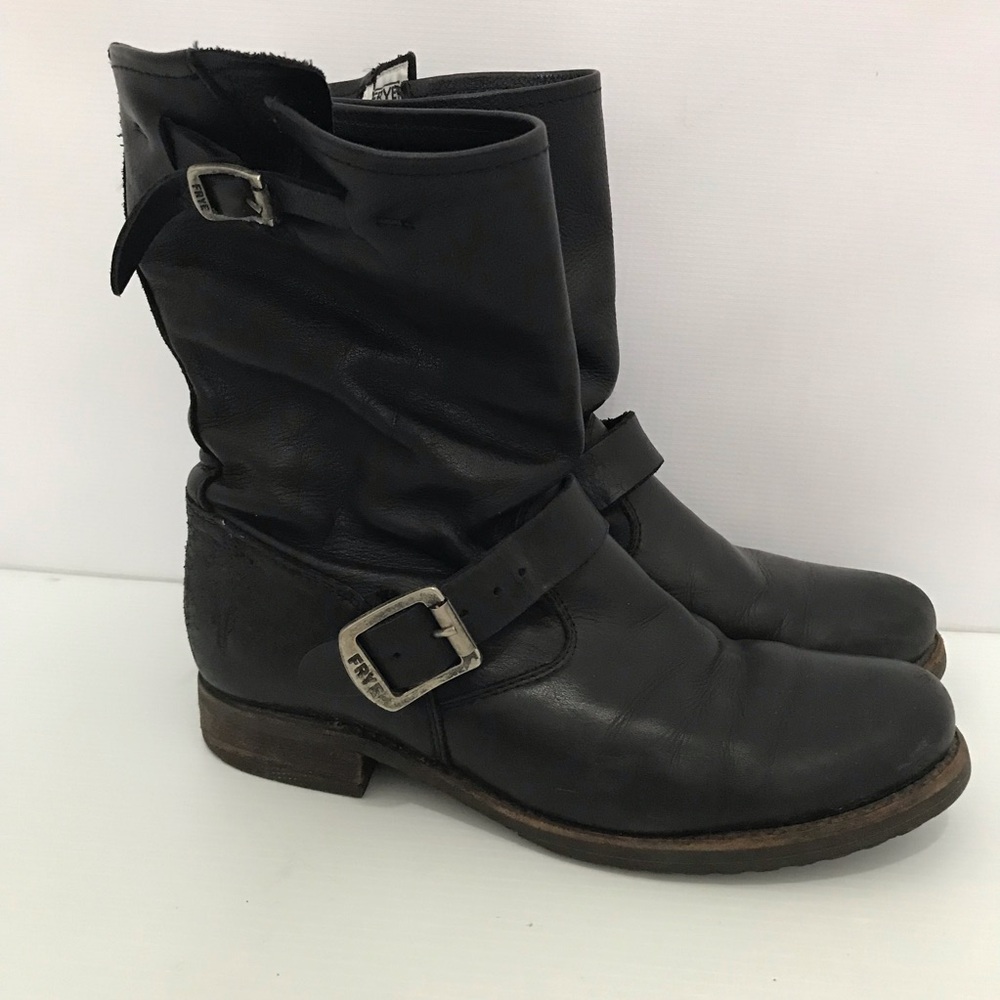 Frye Veronica Black Leather Buckle Biker Boots Size 8B